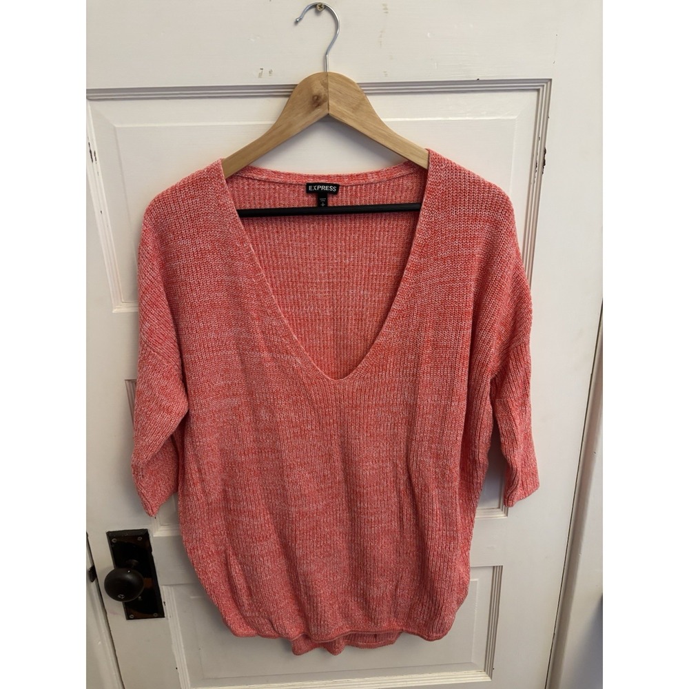 Express Women Orange Oversized Deep V-Neck Casual Knit Tunic Sweater Size Small